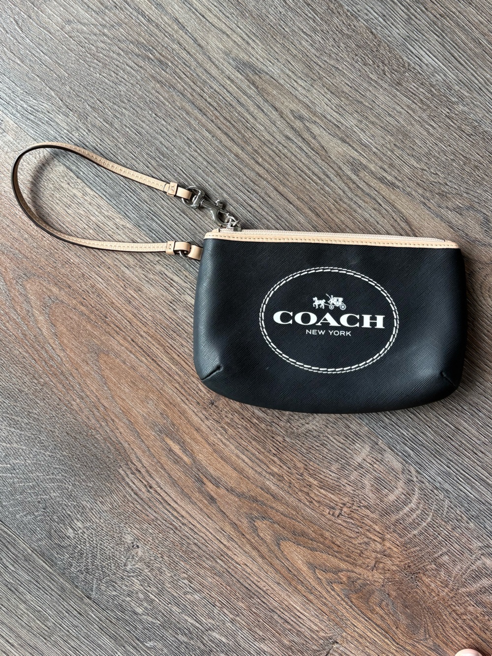 COACH Black Leather Wristlet with Beige Trim